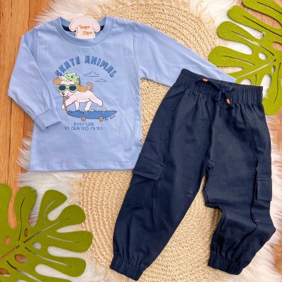 Conj. Camiseta Skate Animal e Calça Cargo - Azul Claro em Marinho